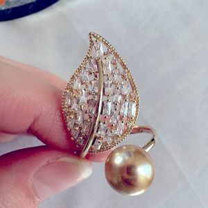 New sparkling gold-plated glass pearl cubic zirconia ring adjustable